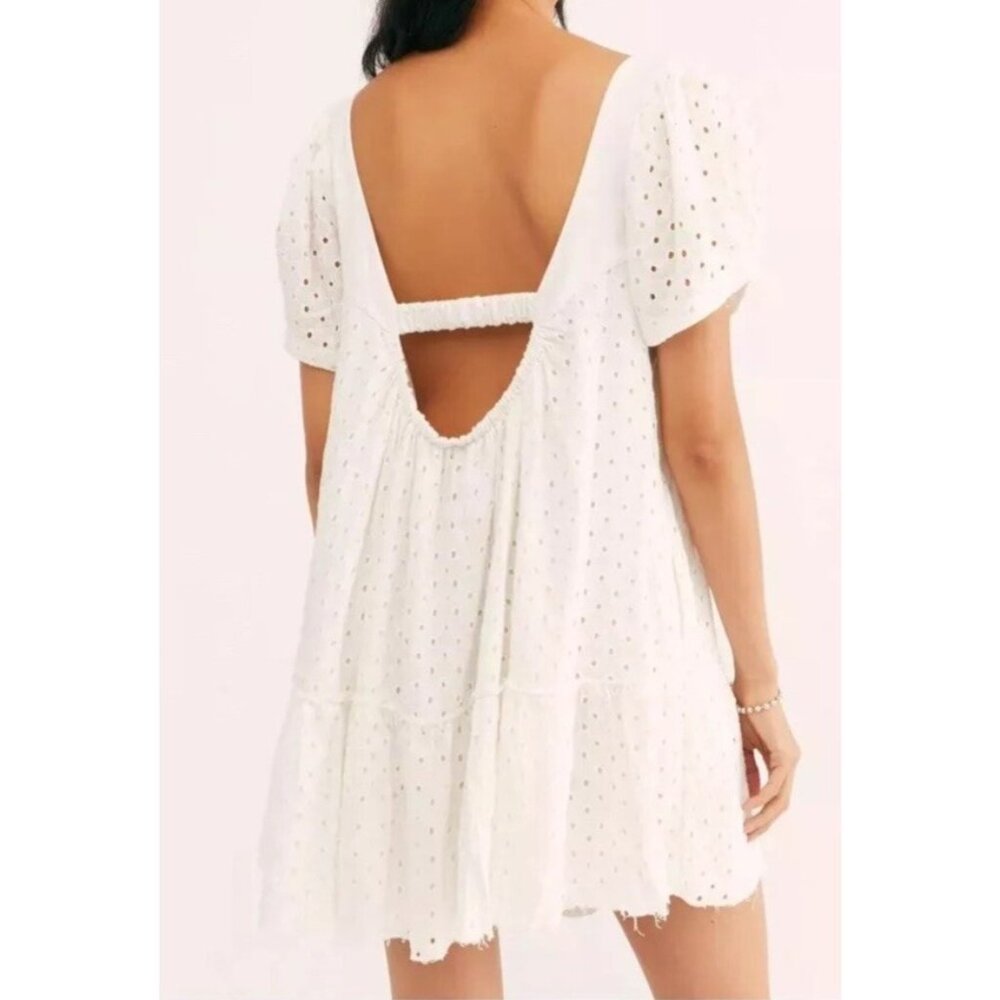 FREE PEOPLE JANIE EYELET RUFFLE MINI TUNIC DRESS Small Size White Embroidery - Picture 2 of 14